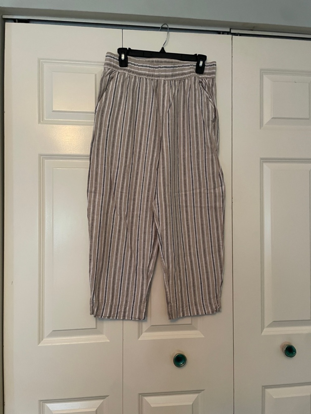 Striped Cotton-Linen Blend Women’s Relaxed Pants - Taupe/White